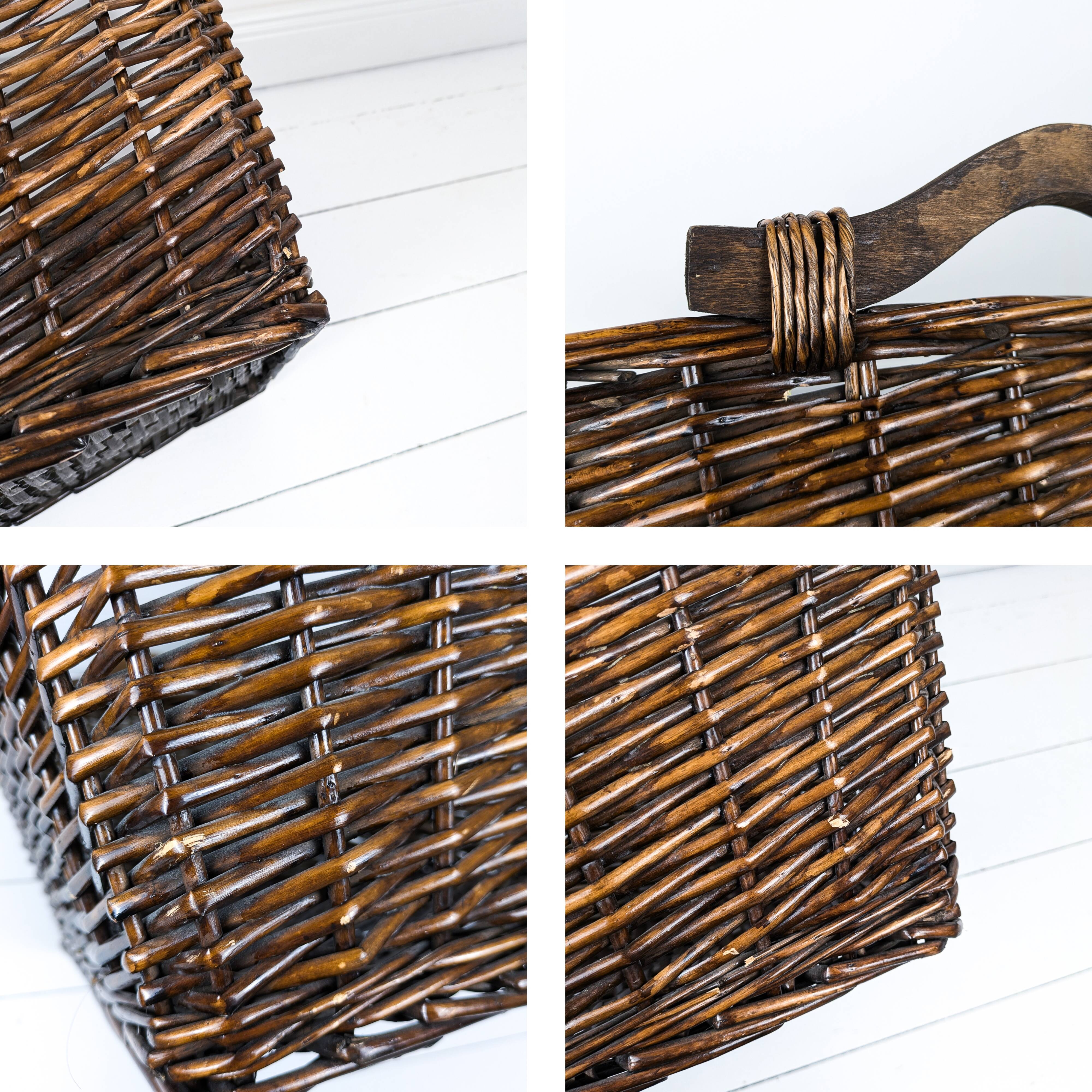 Panier Vintage Anse Rangement Mid Century Panier en osier tressé marron foncé Travail manuel Hygge S
