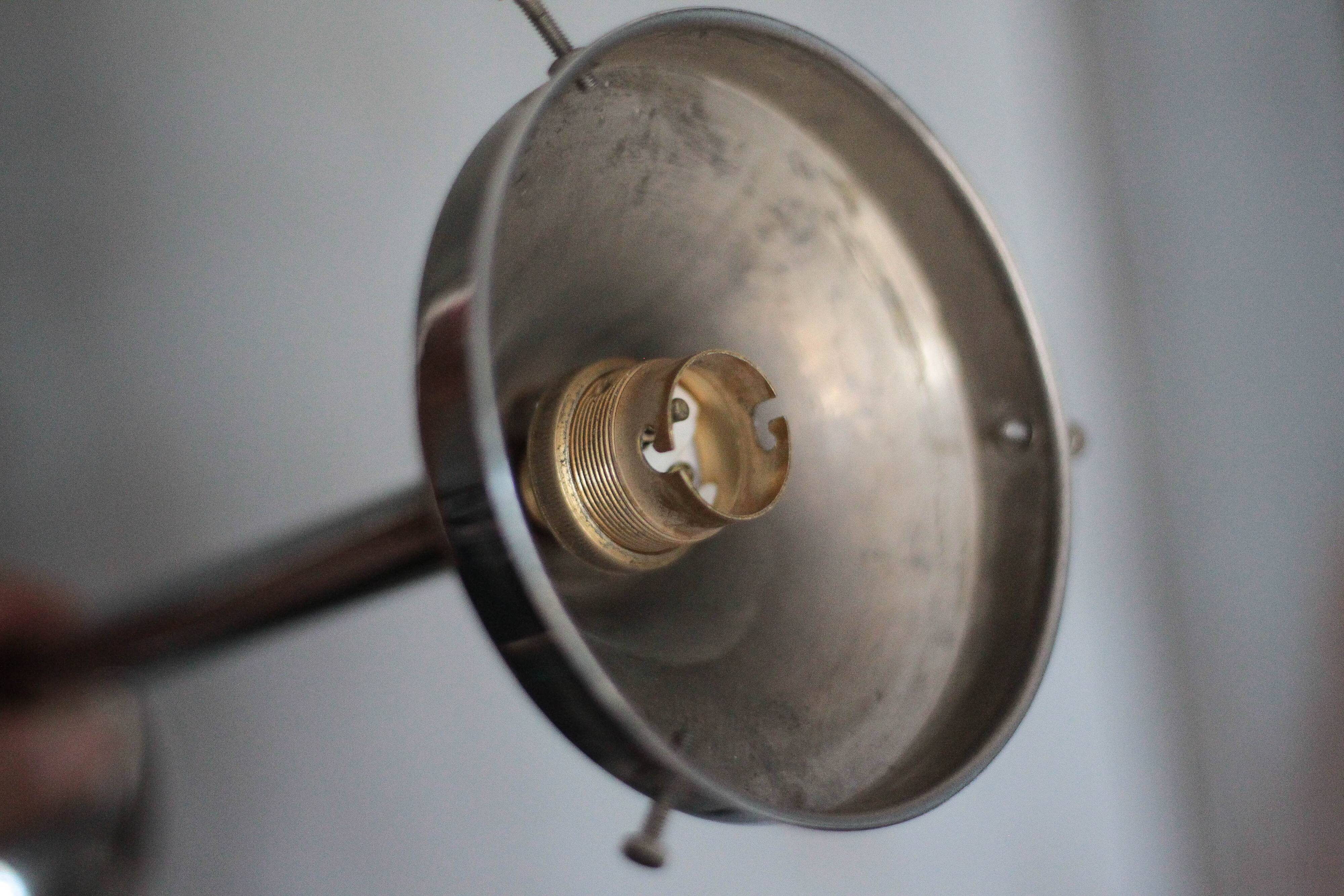 Art Deco pendant light, chrome metal suspension and glass globe, ceiling lamp.