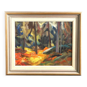 Huile sur toile suédoise du milieu du siècle – « Forêt de pins » par Frans Be