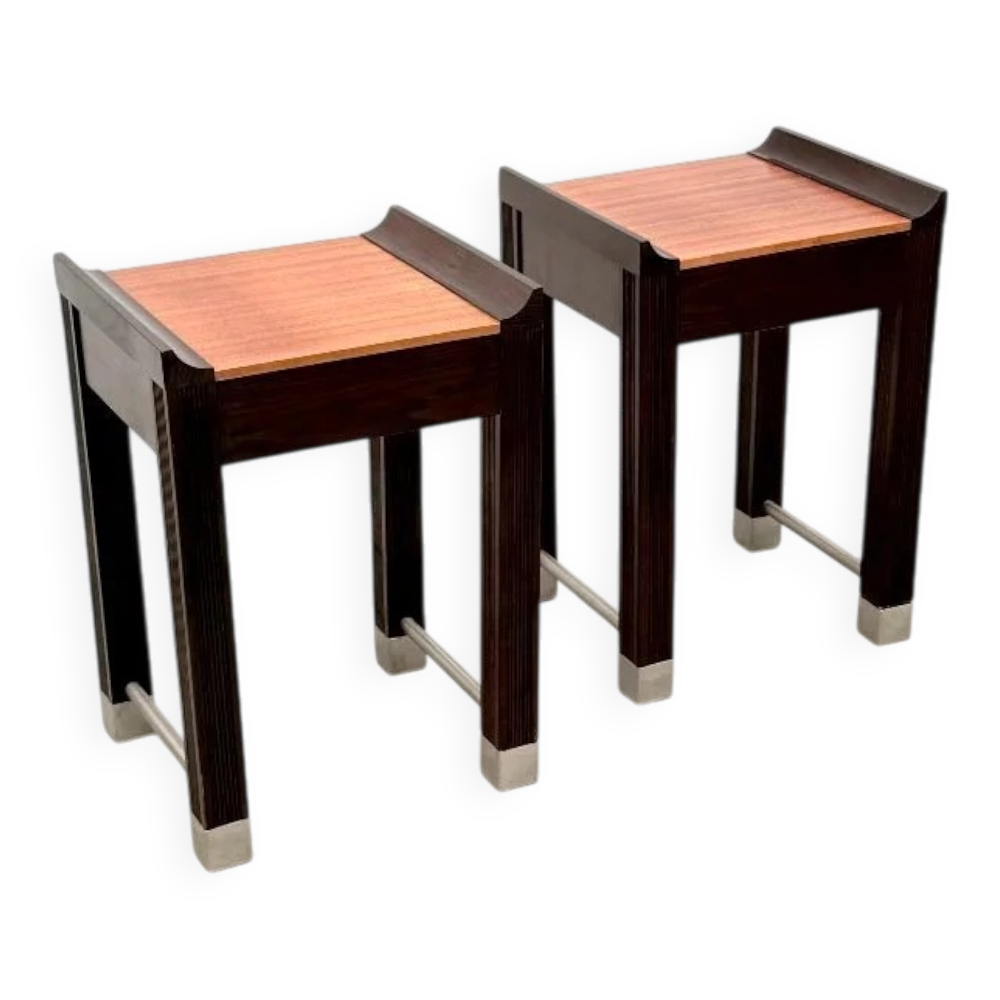 Pair of bedside tables in mahogany and stained oak, France 1980.