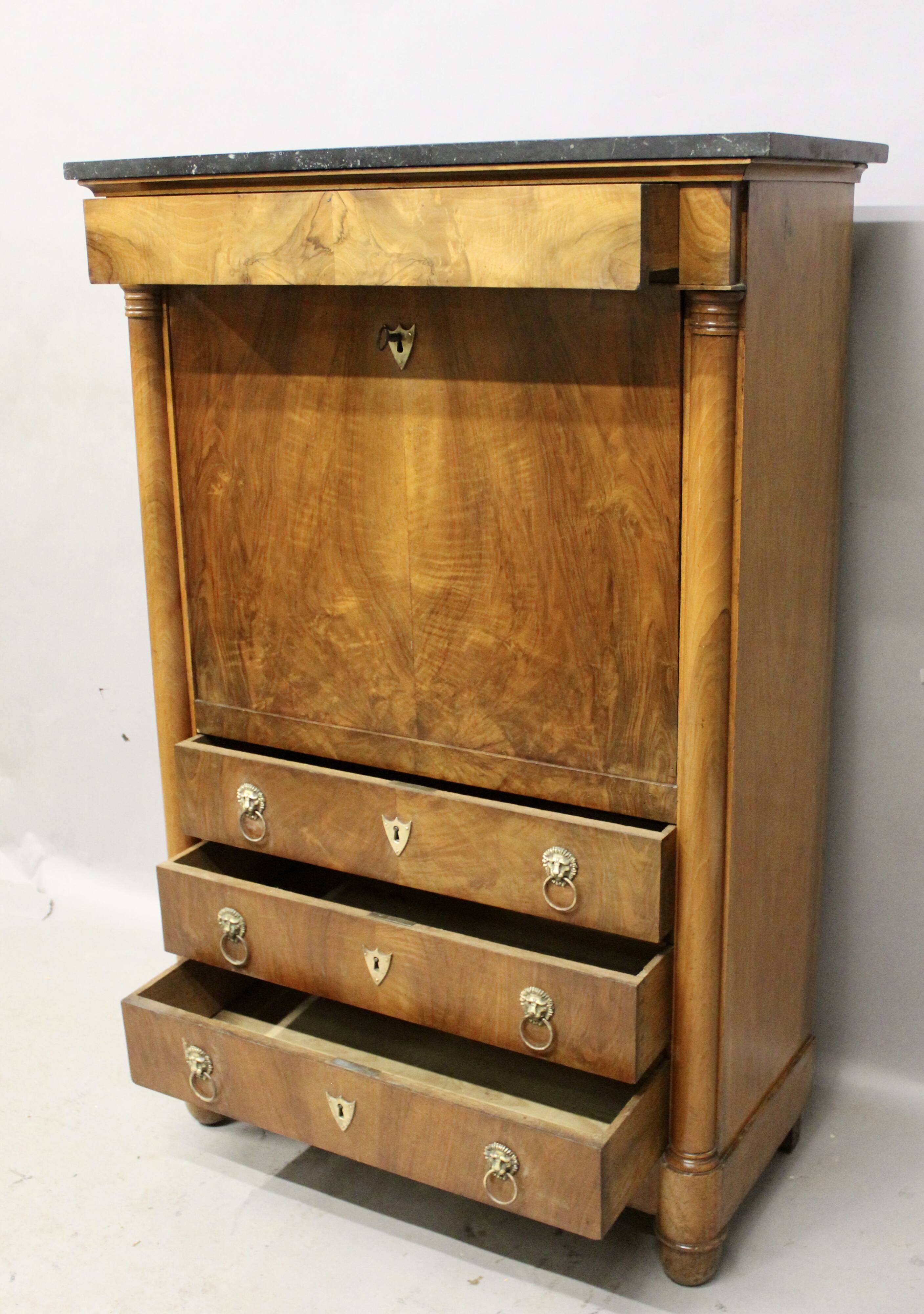 Empire secretary desk in walnut with black marble top