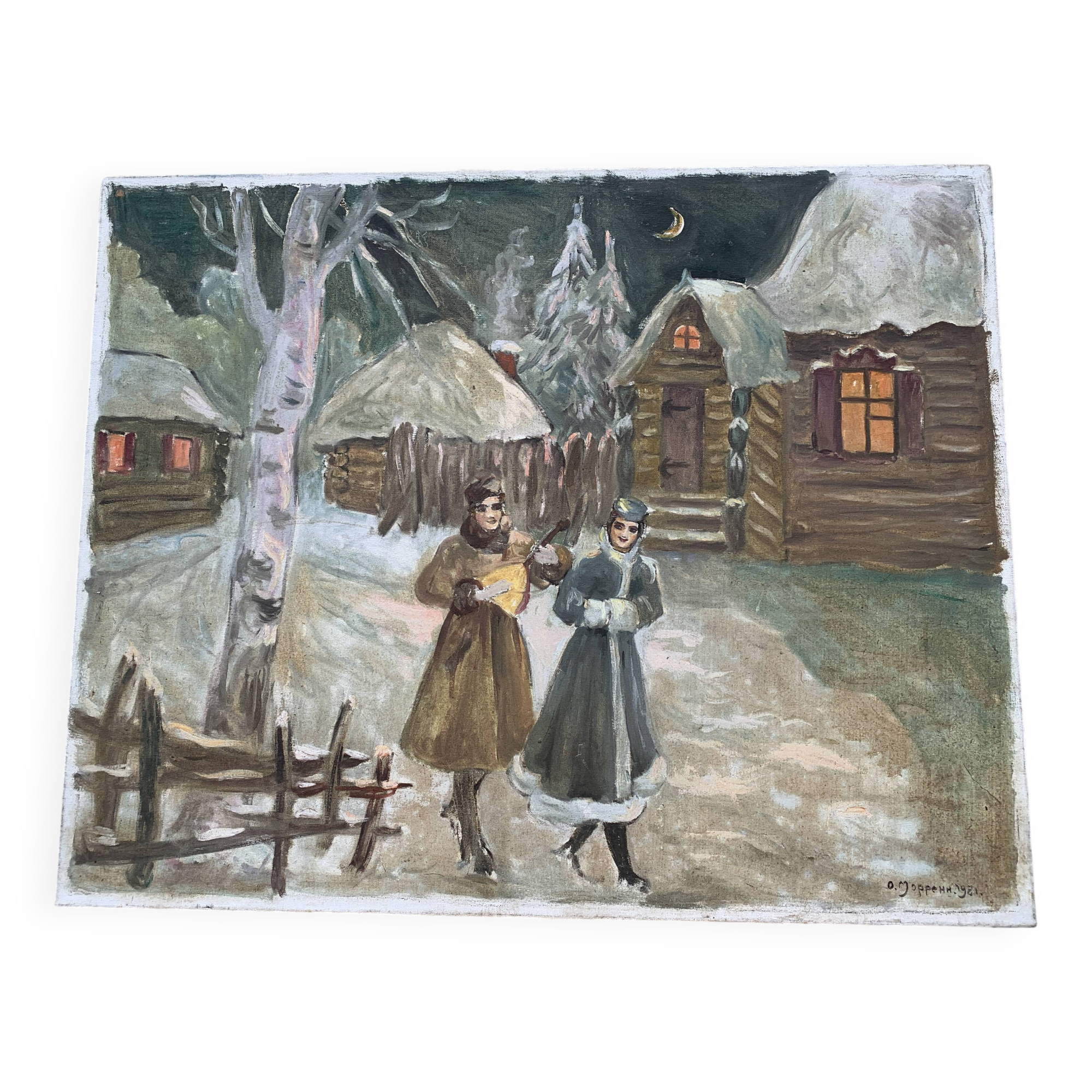 Latvian painting Landscape under the snow signed Olga Morrenn 1981