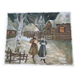 Latvian painting Landscape under the snow signed Olga Morrenn 1981