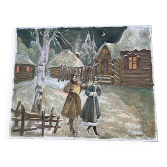Latvian painting Landscape under the snow signed Olga Morrenn 1981
