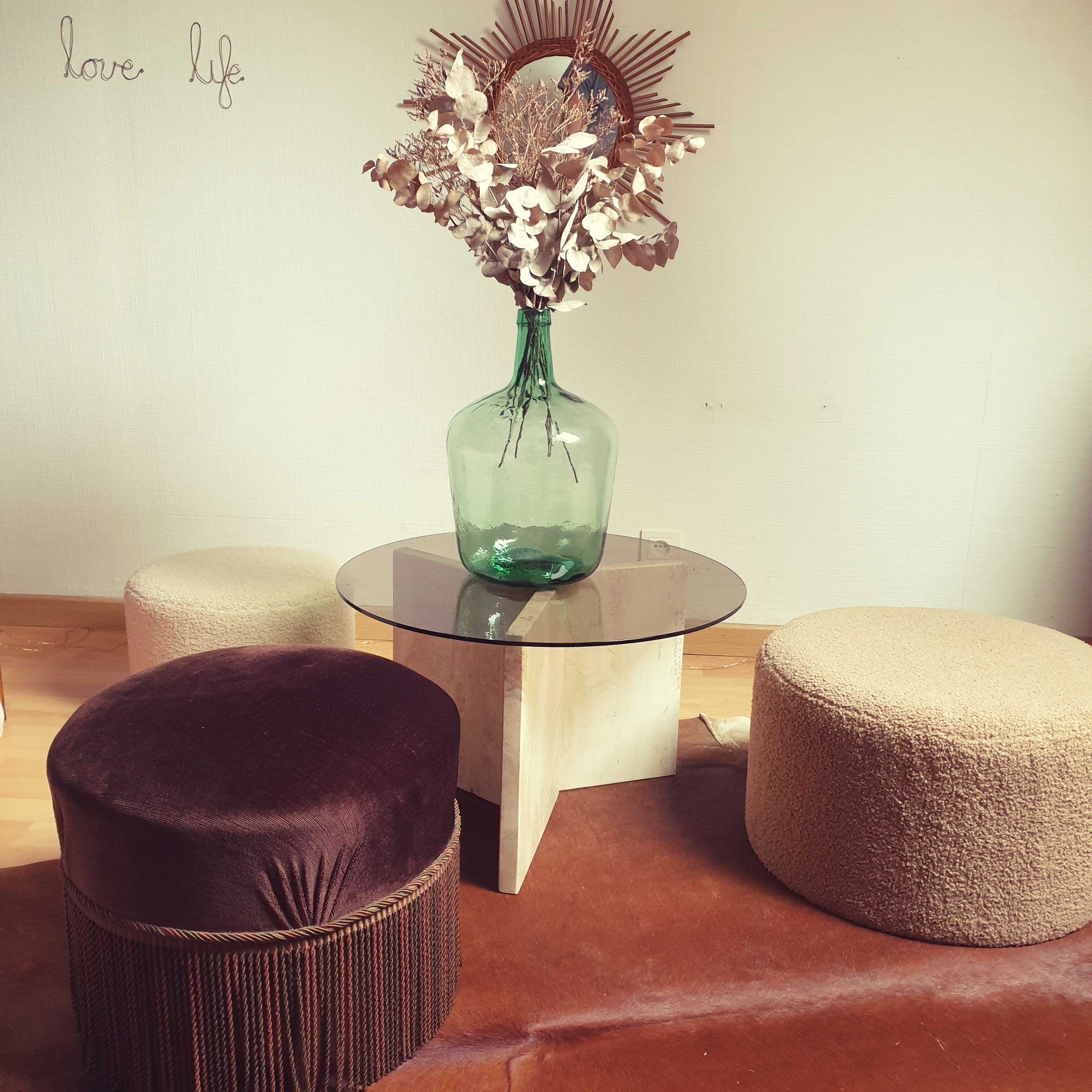 Pouf velours vintage à franges
