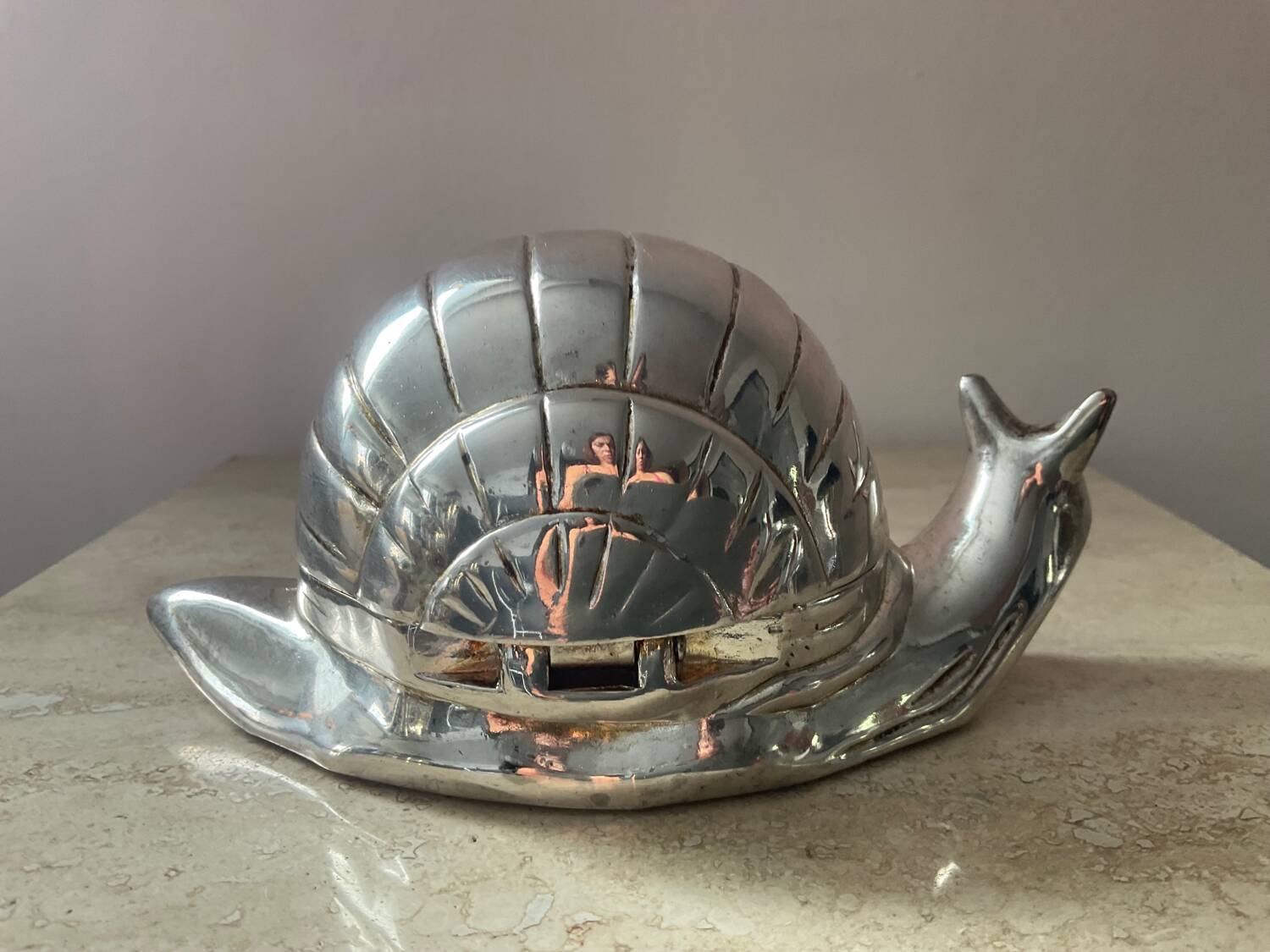 Duo vintage snail jewelry boxes in silver metal