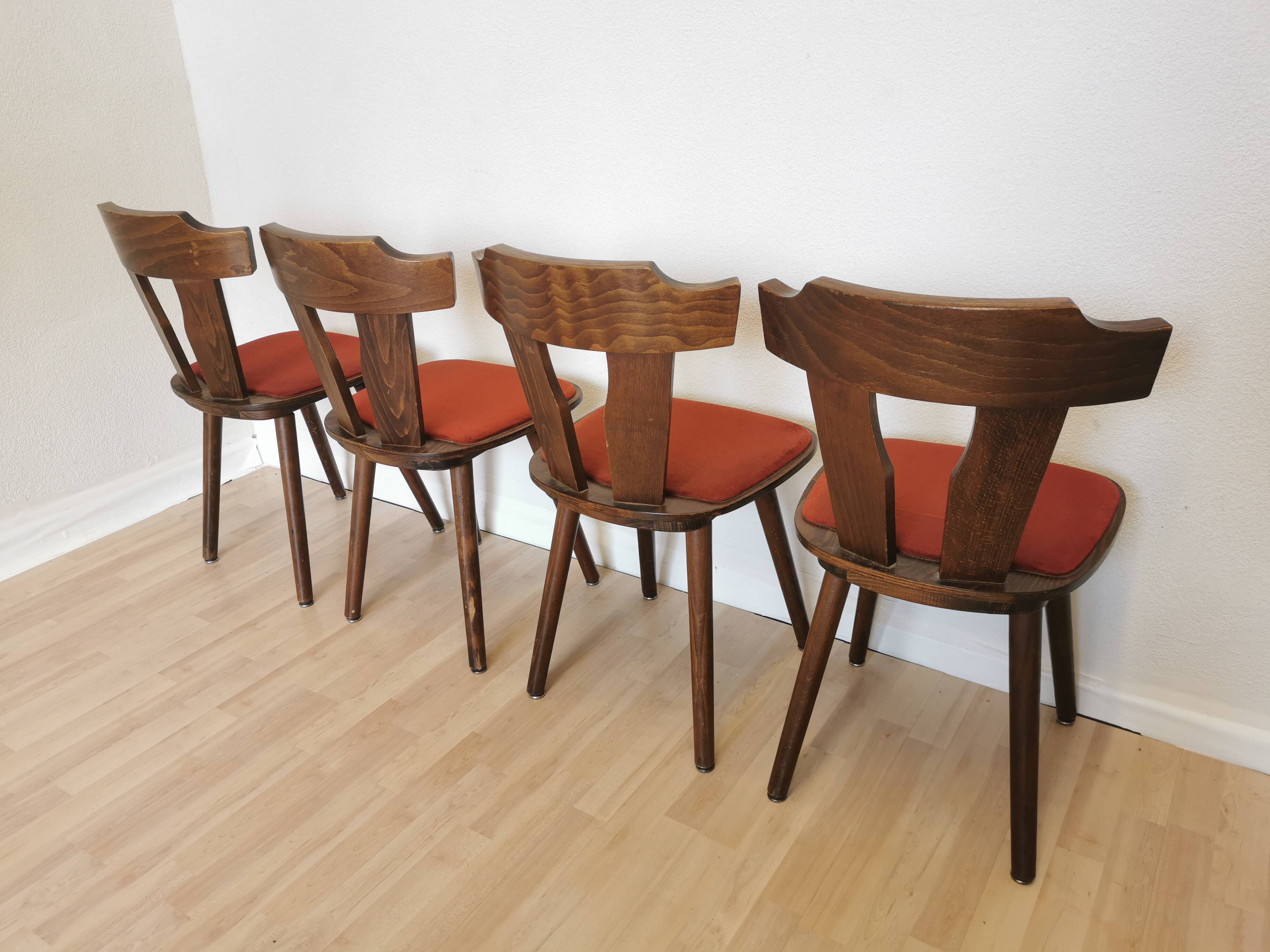 Vintage Tyrolean Dining Chairs: Set of 4, Red Fabric Seat, 1970s
