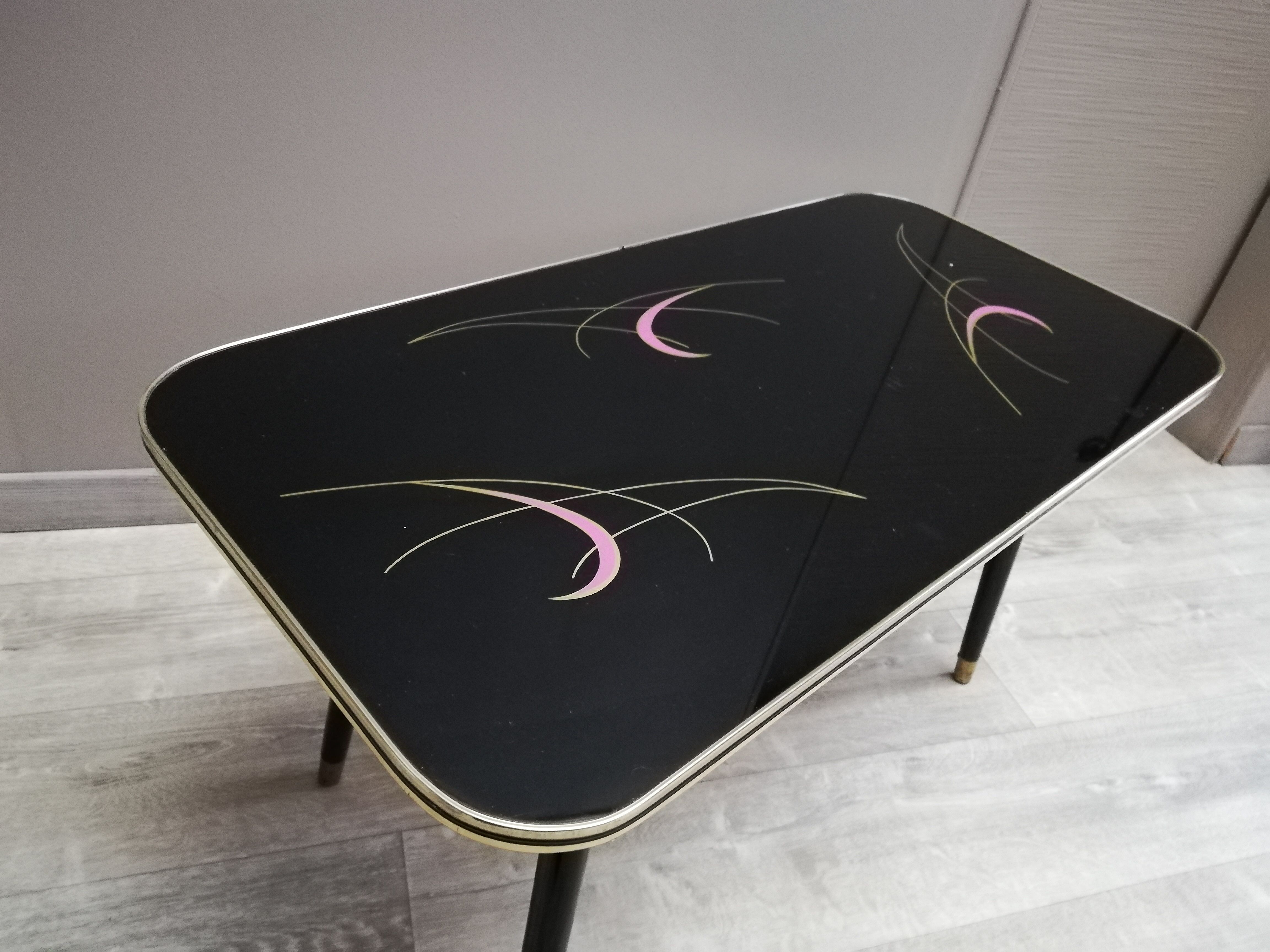 Table basse pieds compas plateau verre vintage 50/60