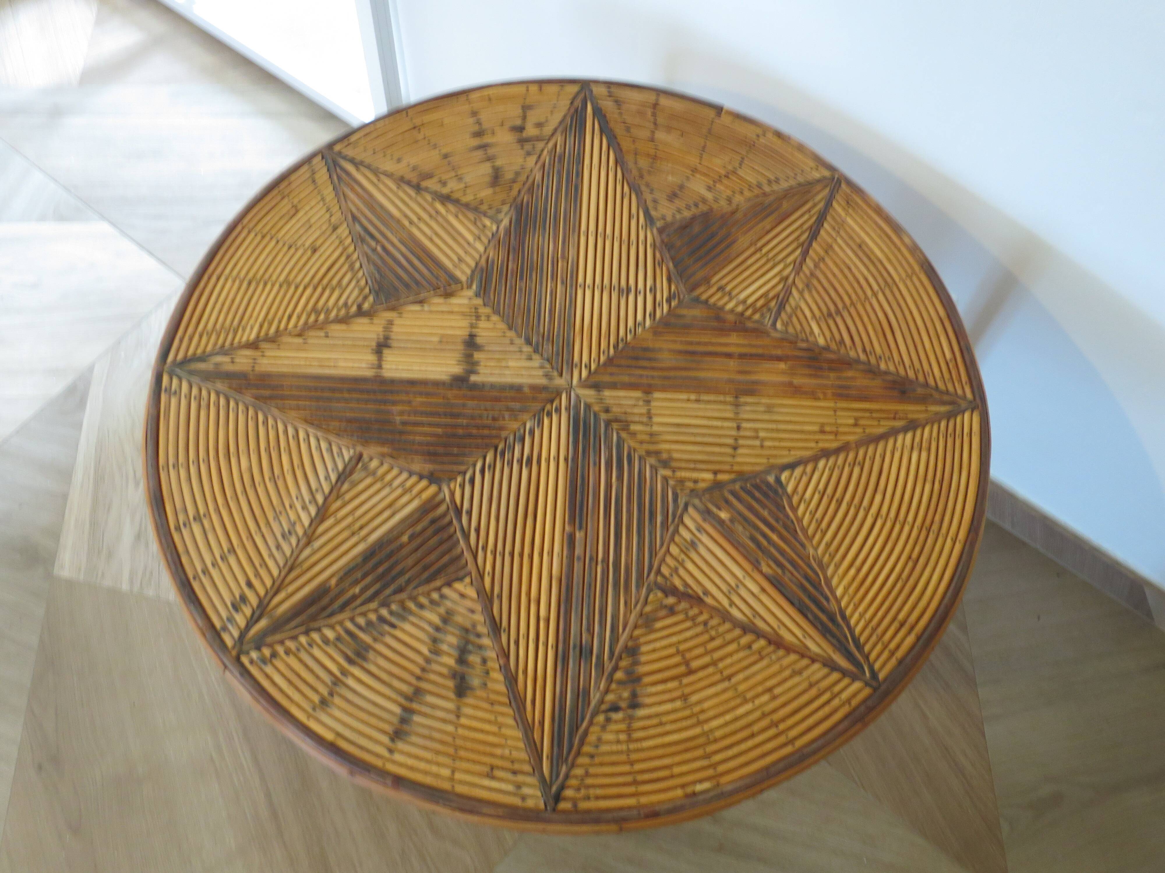 Table basse ronde bambou rotin et bois motif étoile années 80
