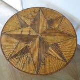 Round coffee table with bamboo, rattan and wood, star pattern, 80s