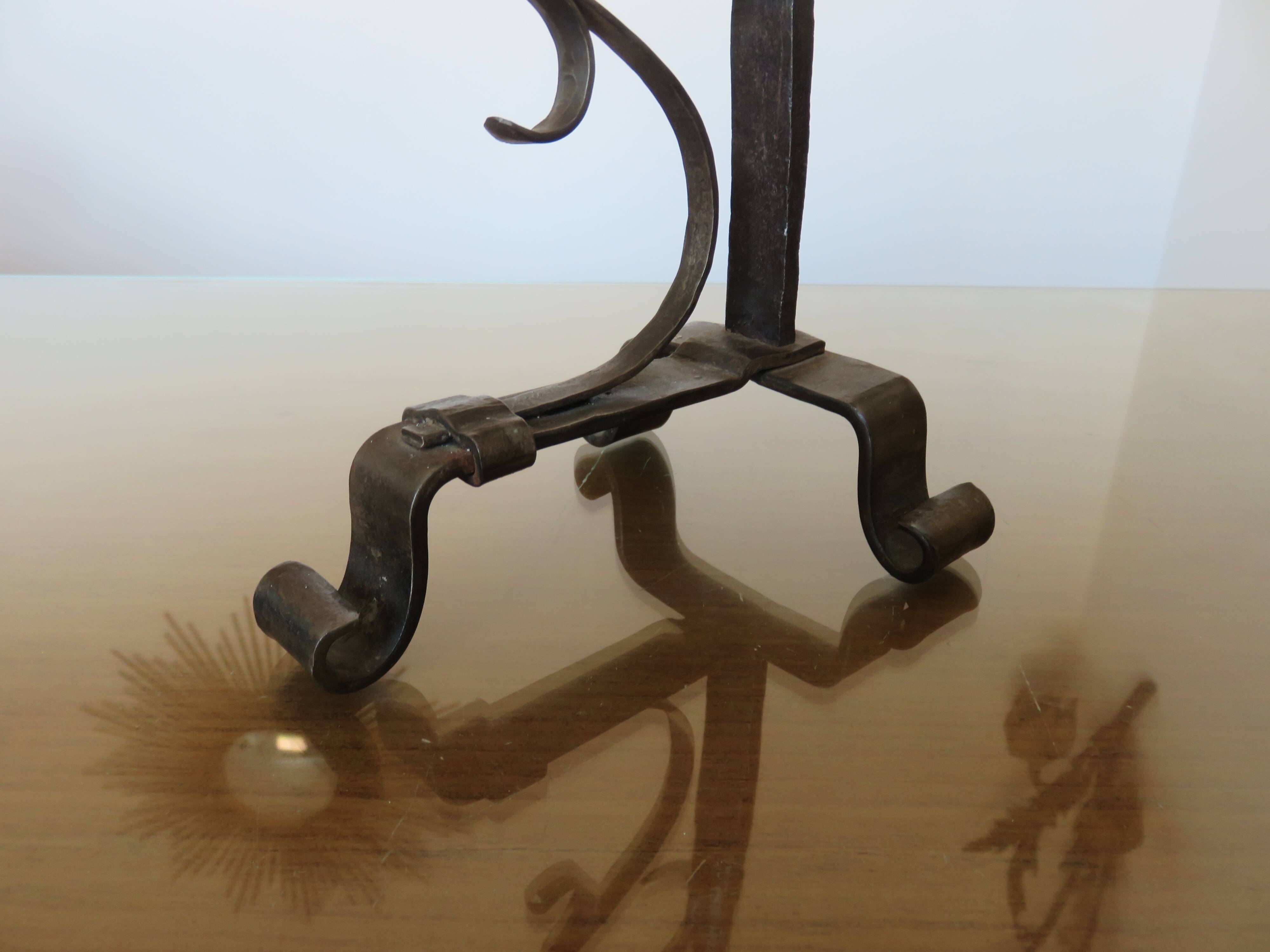 Brutalist candlestick in blackened wrought iron from the 1940s-50s.