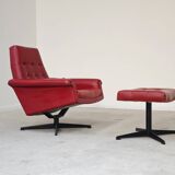 Red Faux Leather Swivel Chair and Footrest by Up Zavody 1970