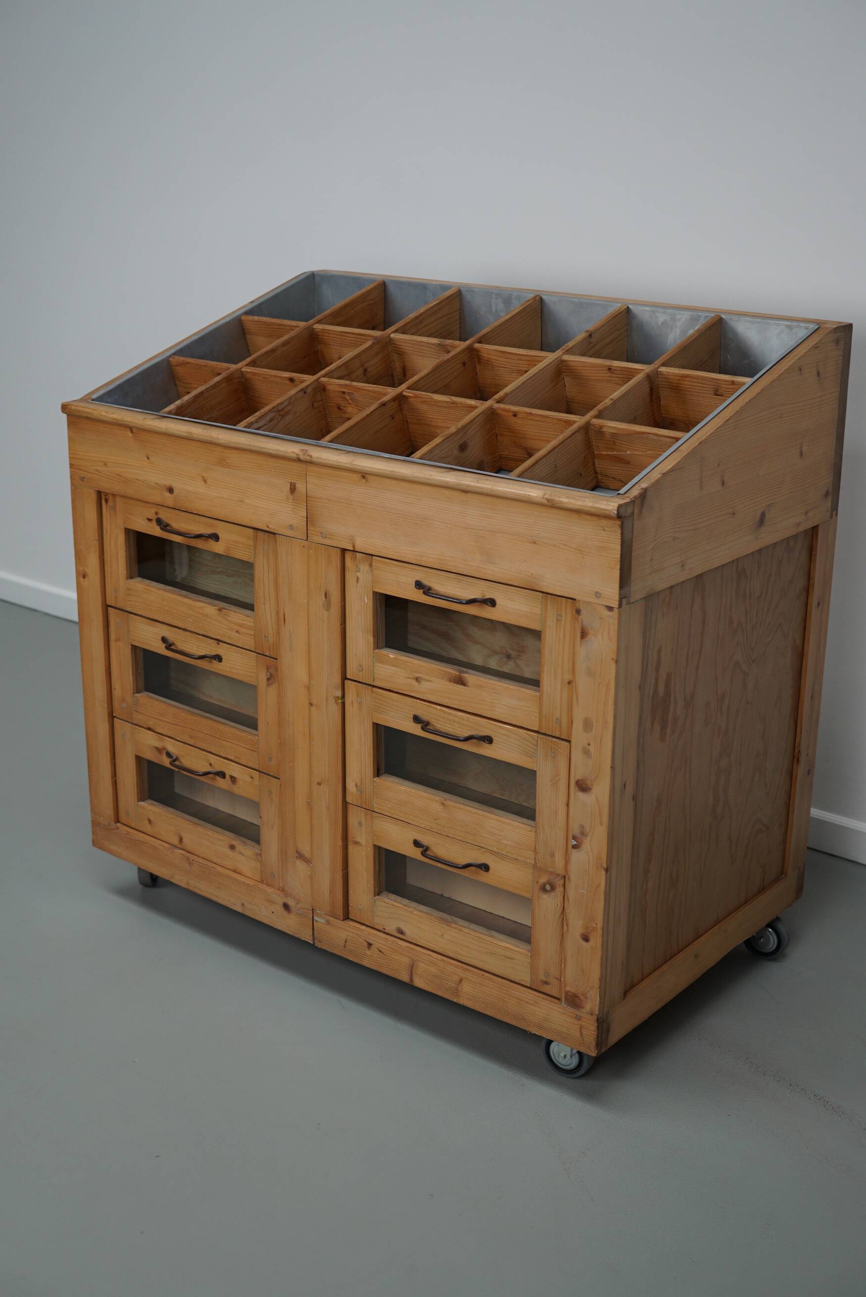 Vintage Dutch Pine Haberdashery Shop Cabinet with Glass Fronts