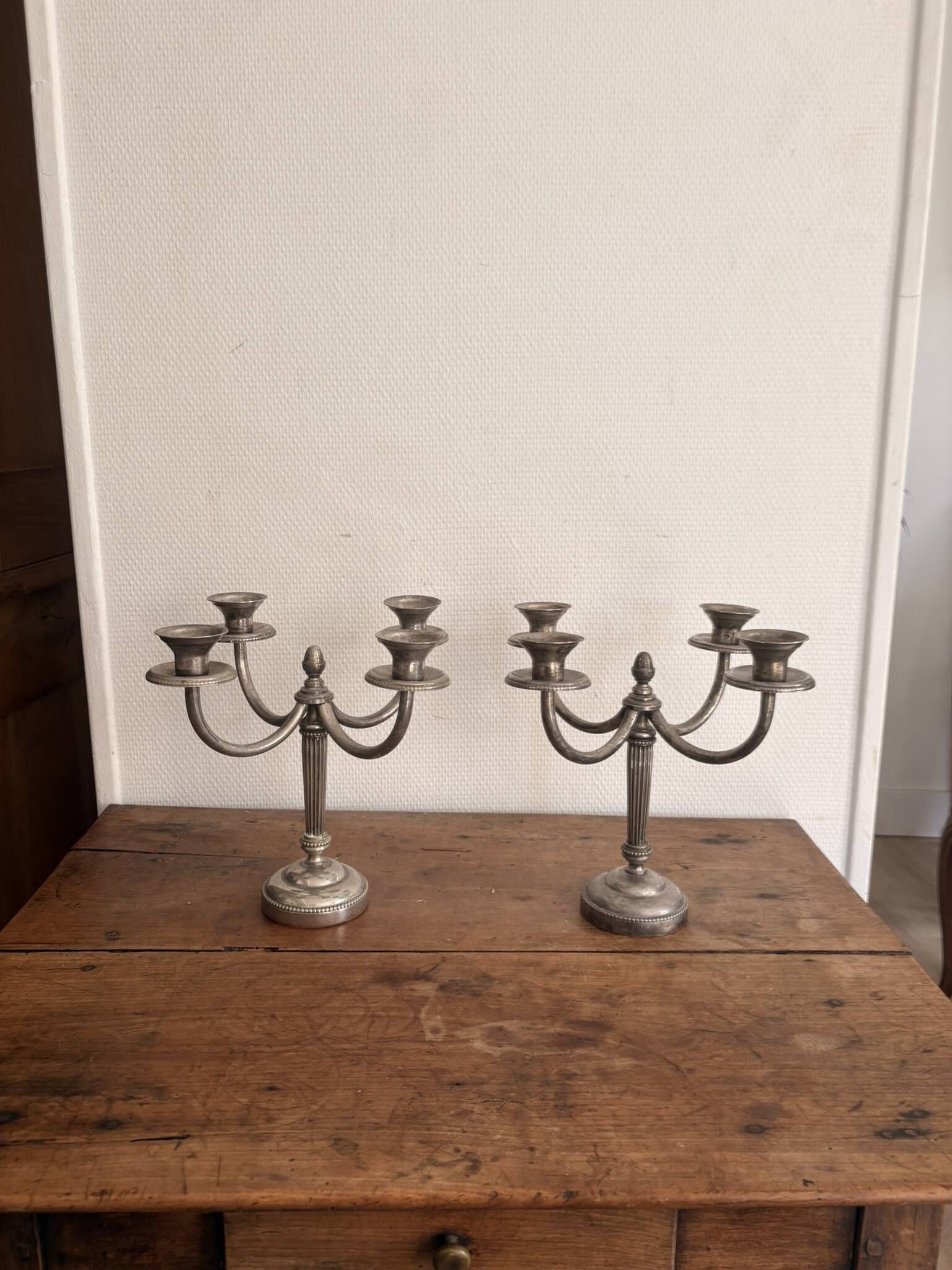 Pair of Silver Metal Candelabra Louis XVI 4 Light Candle Holders