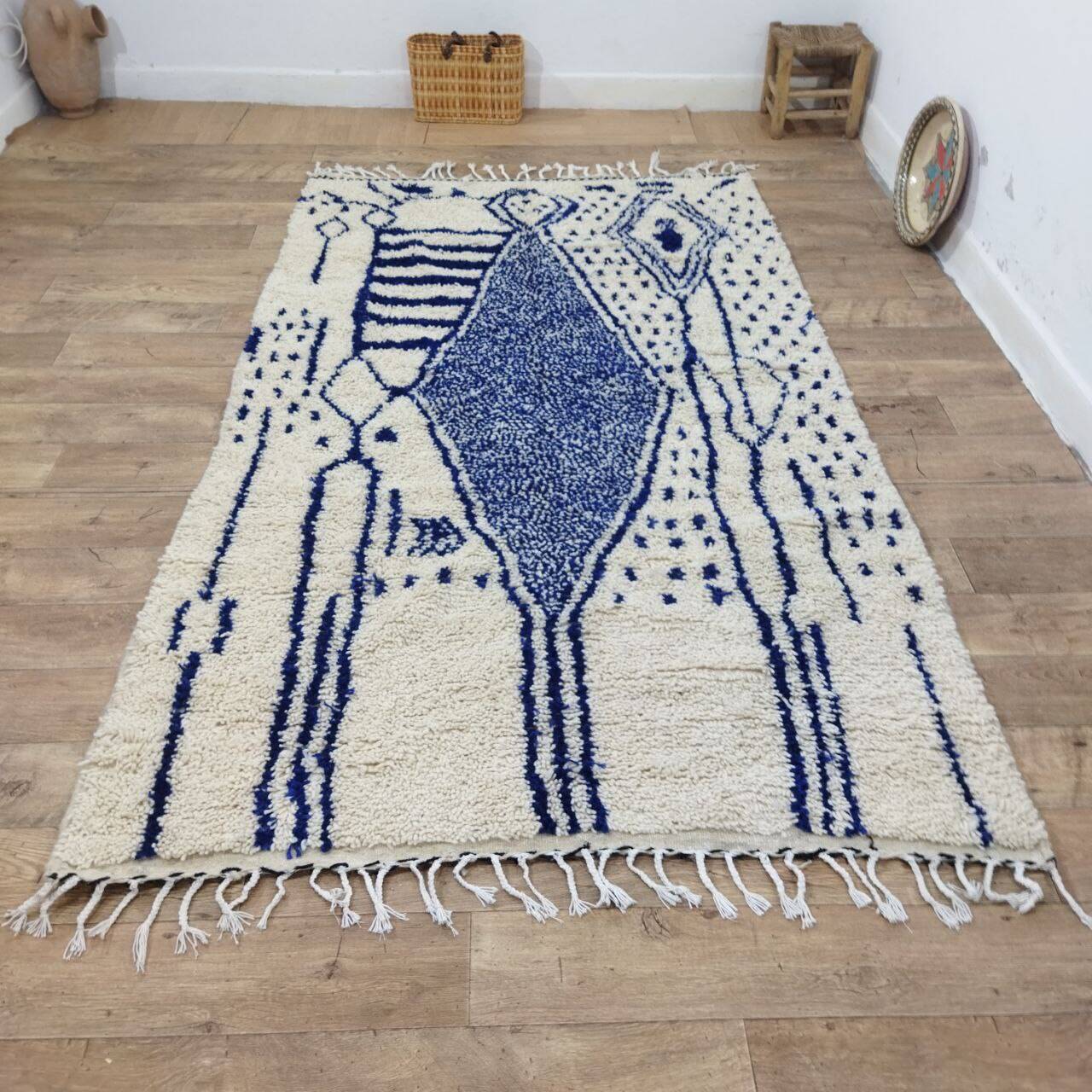 Vintage Azilal rug 264x150 cm - Blue geometric patterns