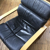 Danish sofa and armchairs curved wood and leather