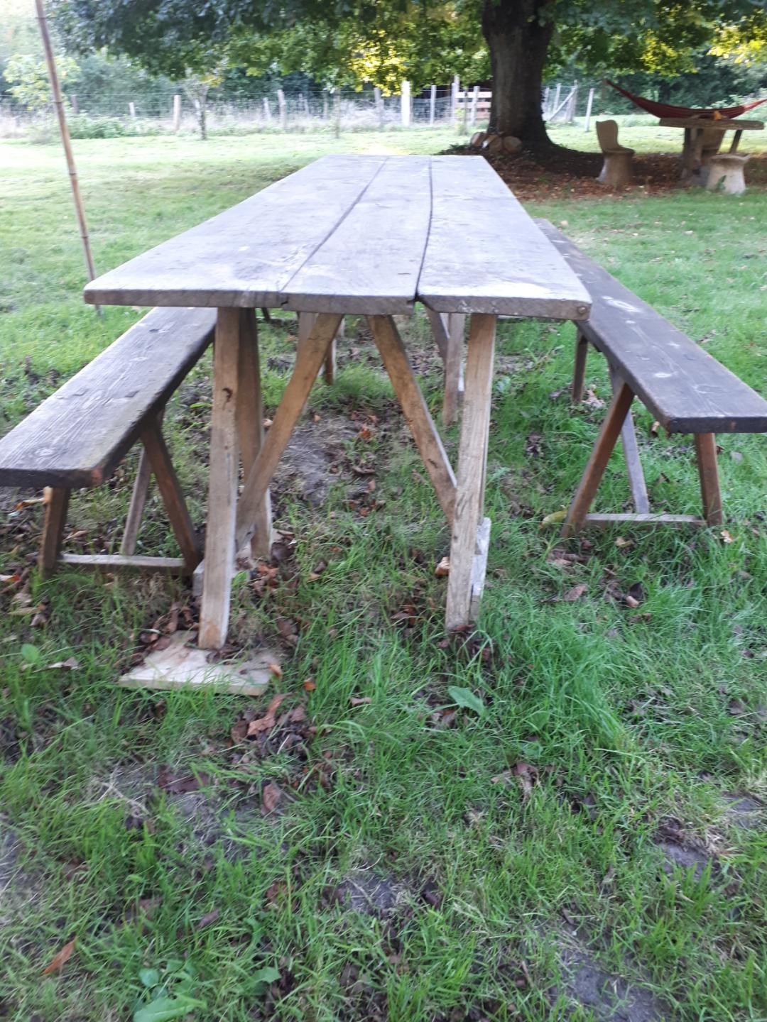 Vintage Guinguette table set with 2 benches