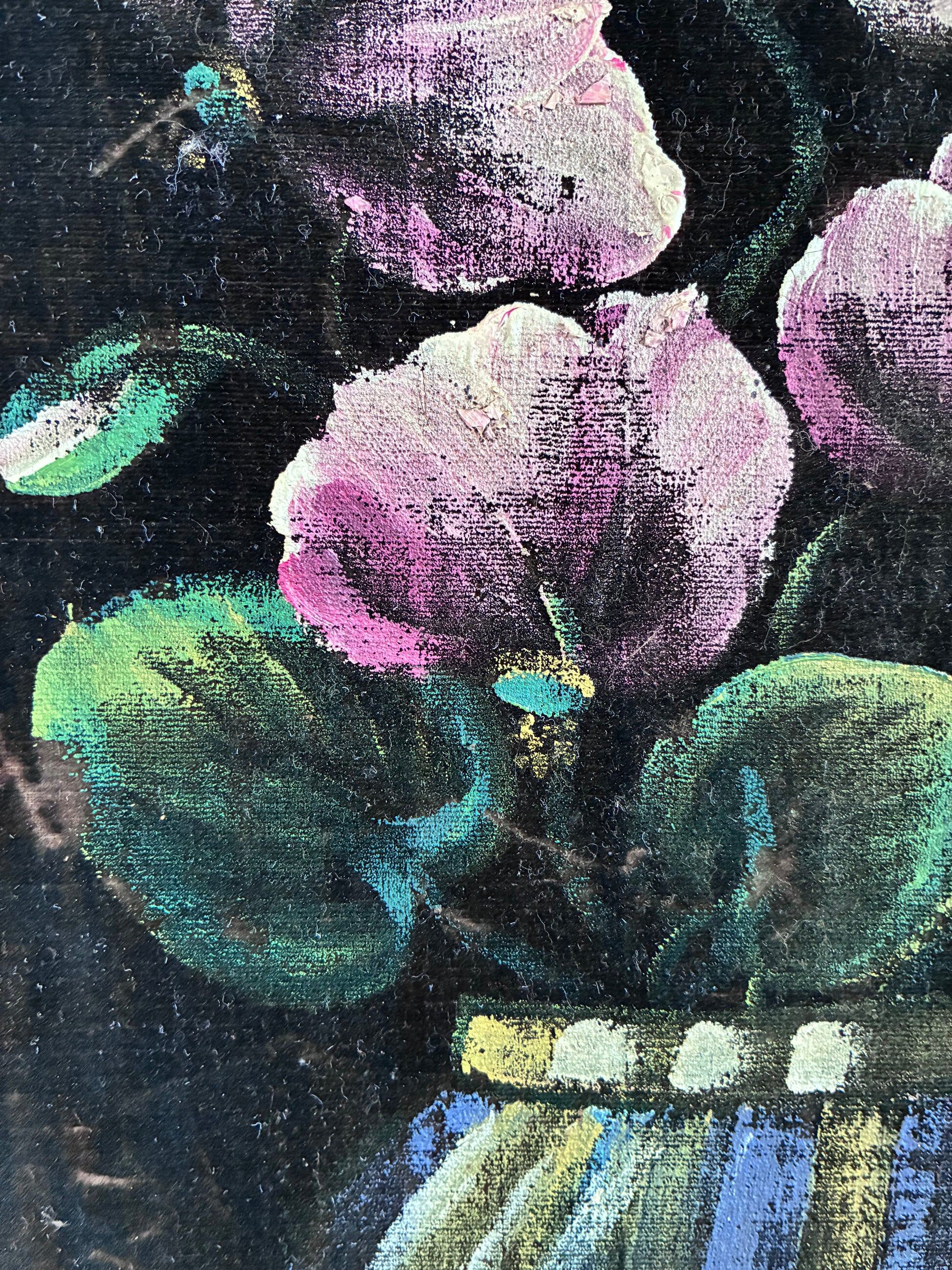 Vintage original velvet flower oil painting, pink flower still life art