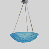 Old degue chandelier, suspension basin art deco 1 fire, in blue glass paste. signed degué