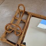 Coat rack with mirror background with two hooks - In bamboo and rattan - Design from the 1960s