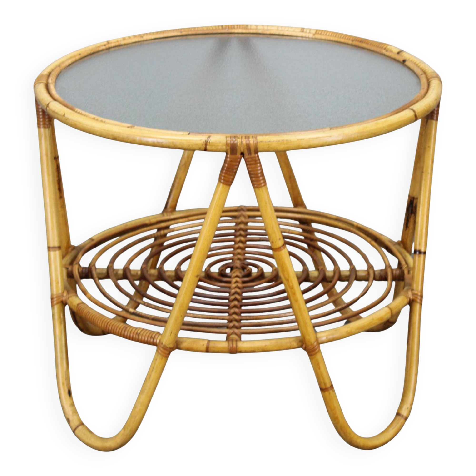 1960s Italian rattan coffee table with glass top, mid-century round design