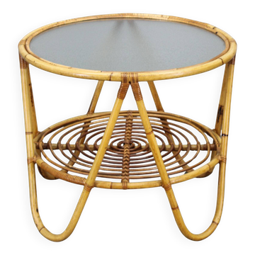 1960s Italian rattan coffee table with glass top, mid-century round design