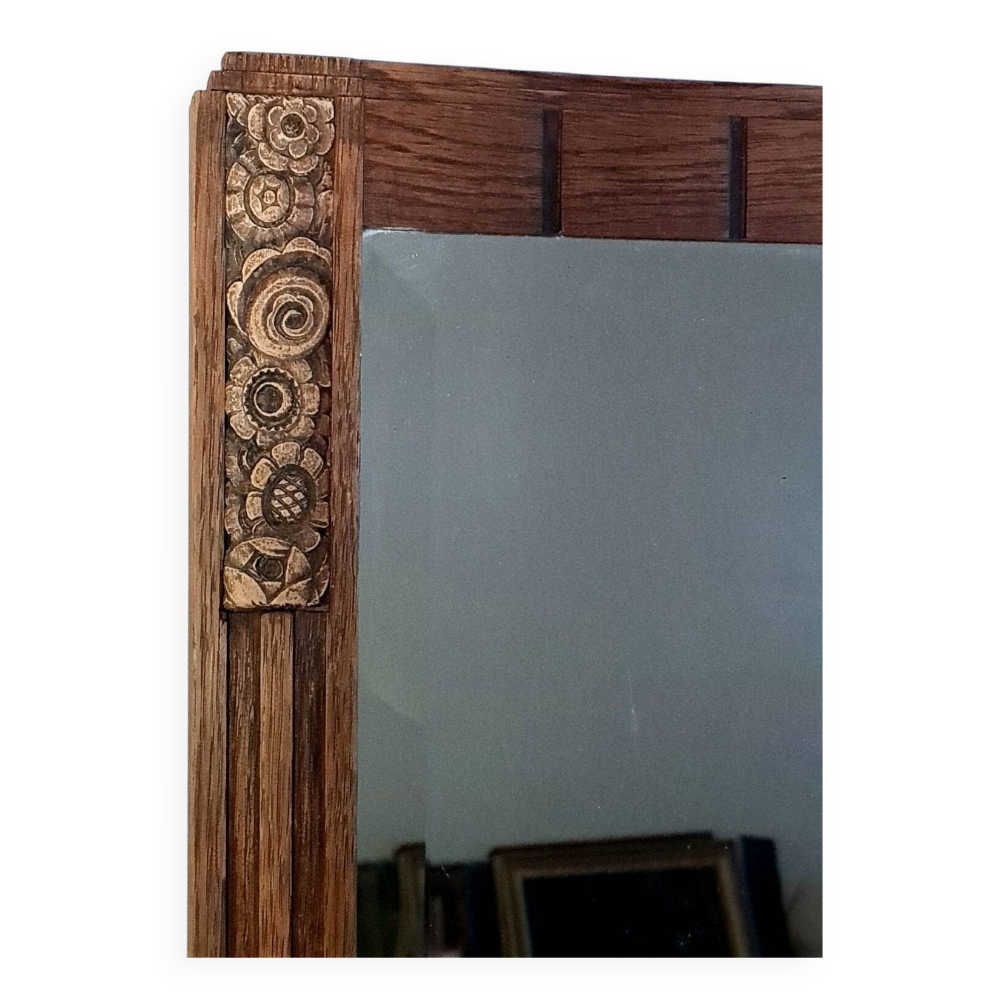 Miroir biseauté Art déco en chêne et stuc