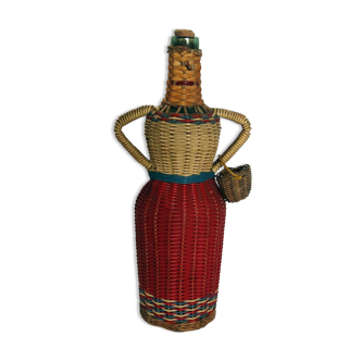 Glass bottle covered with wicker and scoubidous threads work 60/70 collector