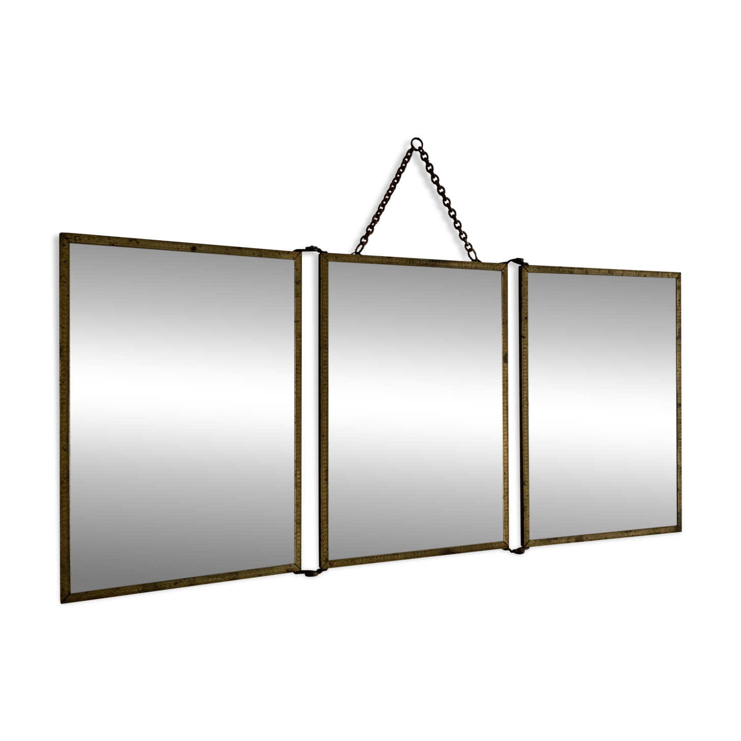 Miroir vintage 1900 triptyque barbier Art Nouveau doré - 21 x 48 cm