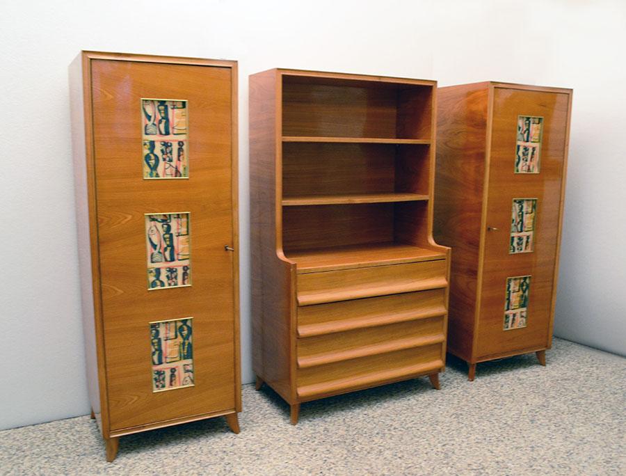 Cabinet and furniture in ash and painted glass, Italy, 1950