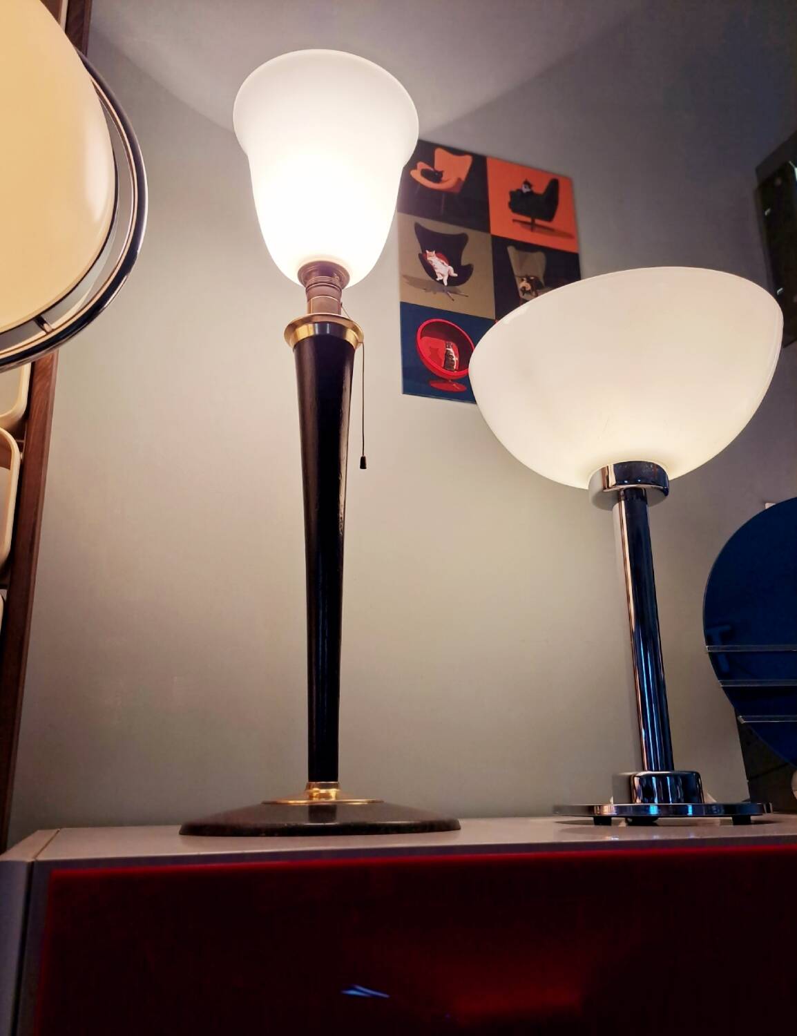 Large MAZDA 1950 Lamp Opaline Tulip/wood/metal