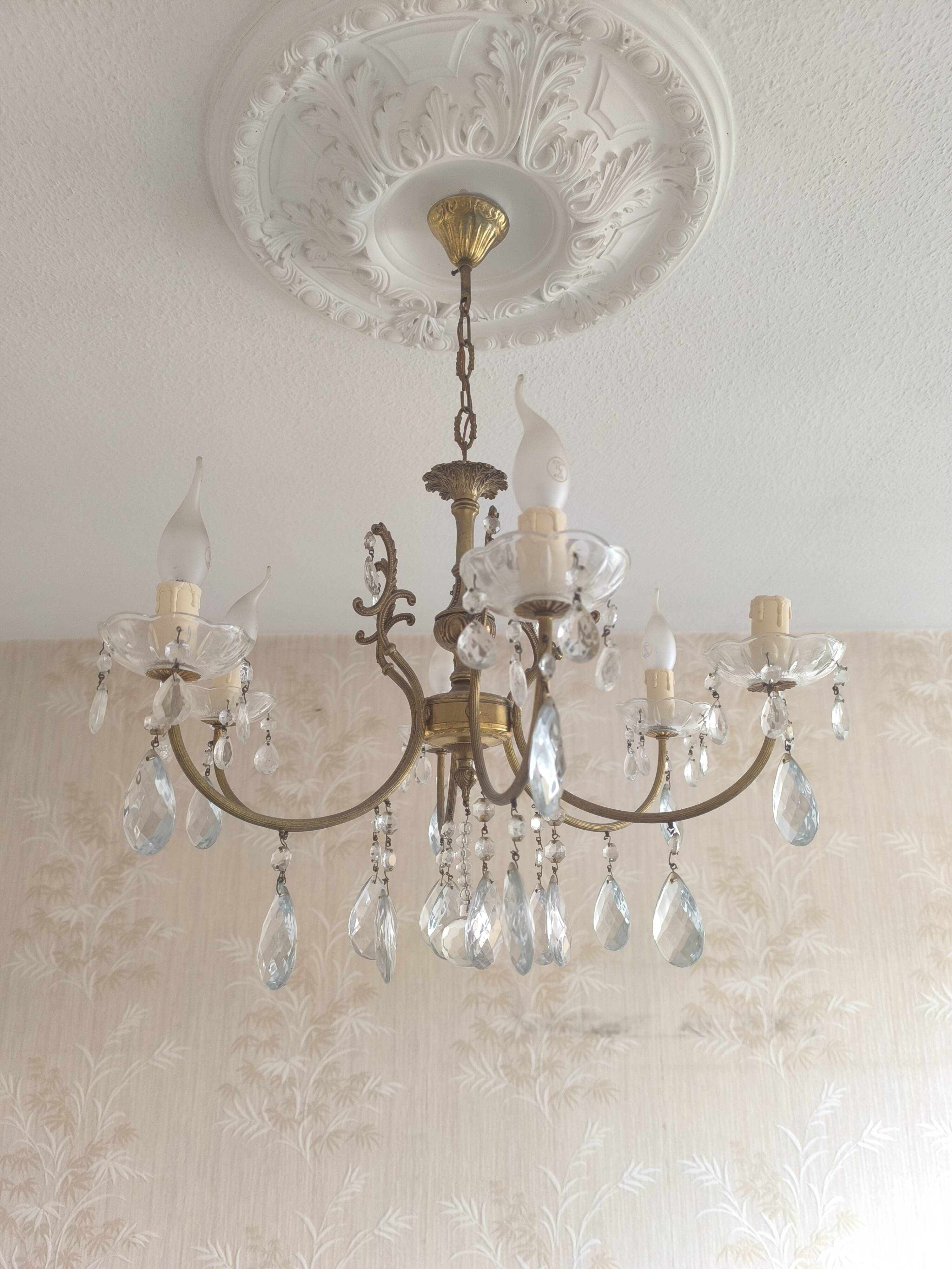 Vintage brass and crystal pendant chandelier with 6 lights
