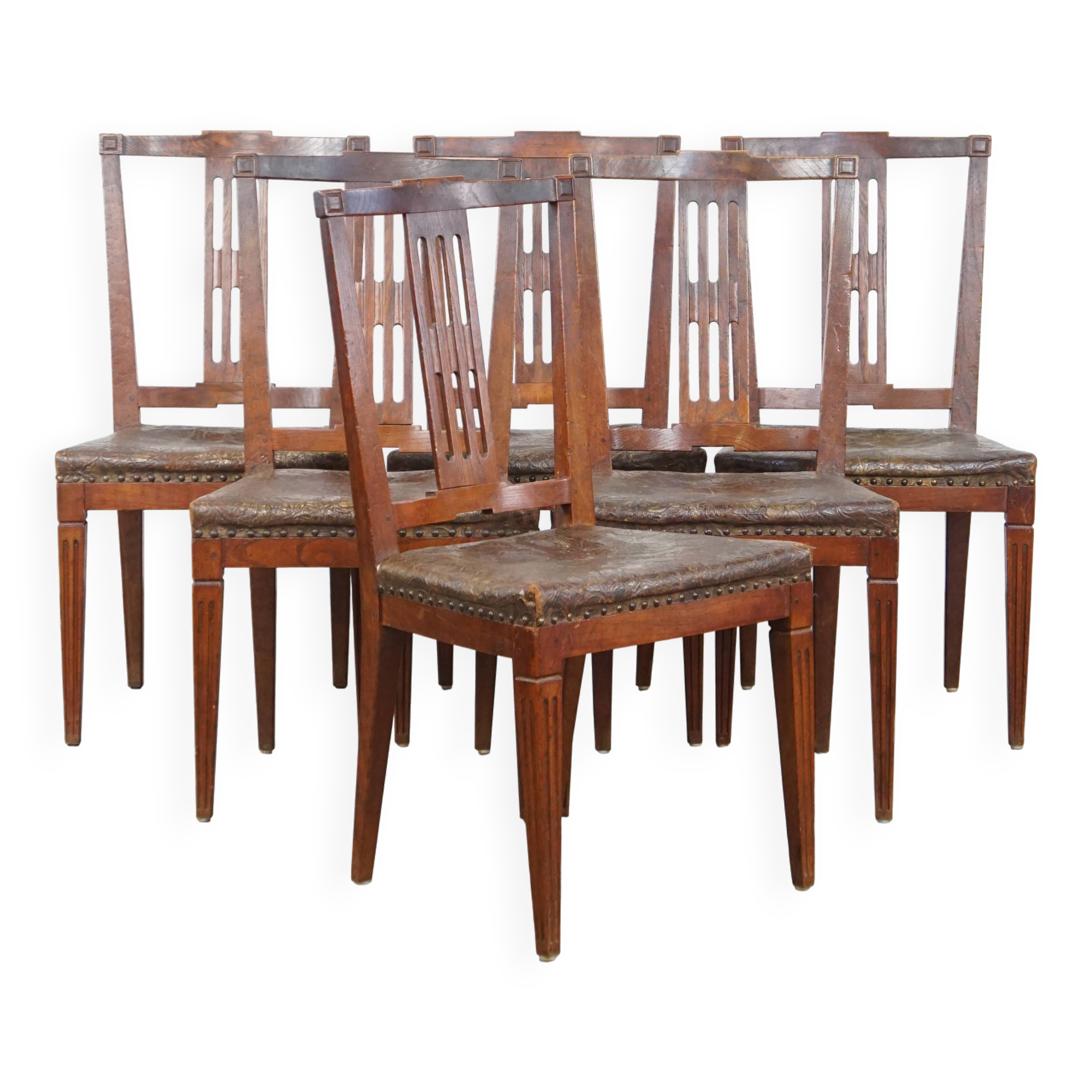 Ensemble de 6 chaises de salle à manger en cuir antiques d'origine néerlandaise