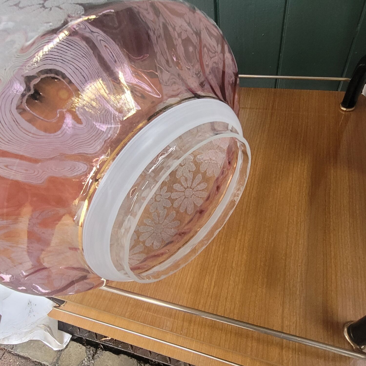Pink pearlescent glass lampshade with floral relief decoration – 1950s