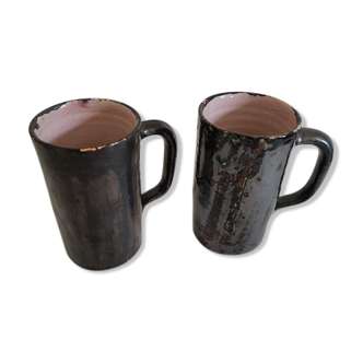 Lot of 2 cups artisanal enamelled earth 1960