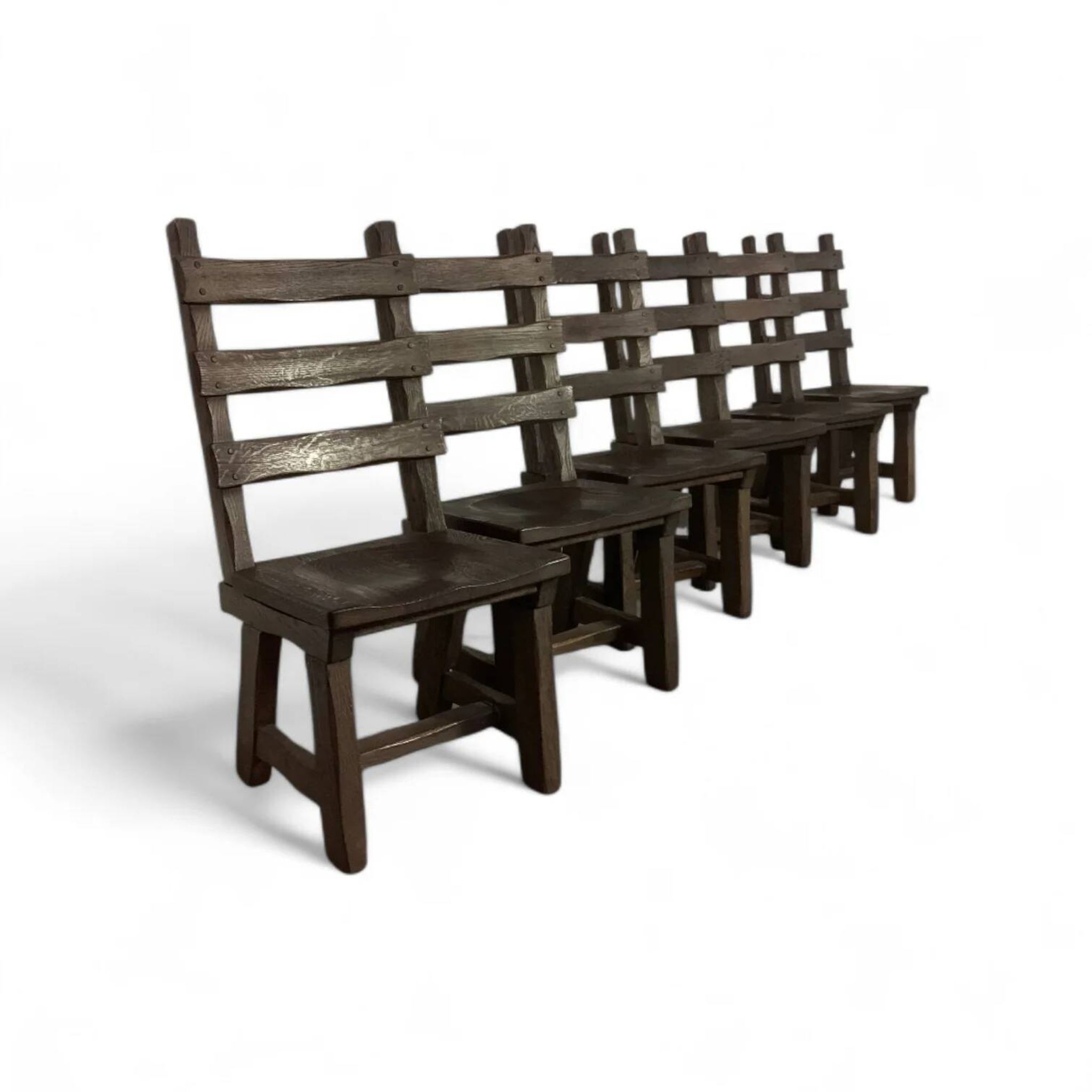 6 x Brutalist oak dining chairs / Belgium 1970s