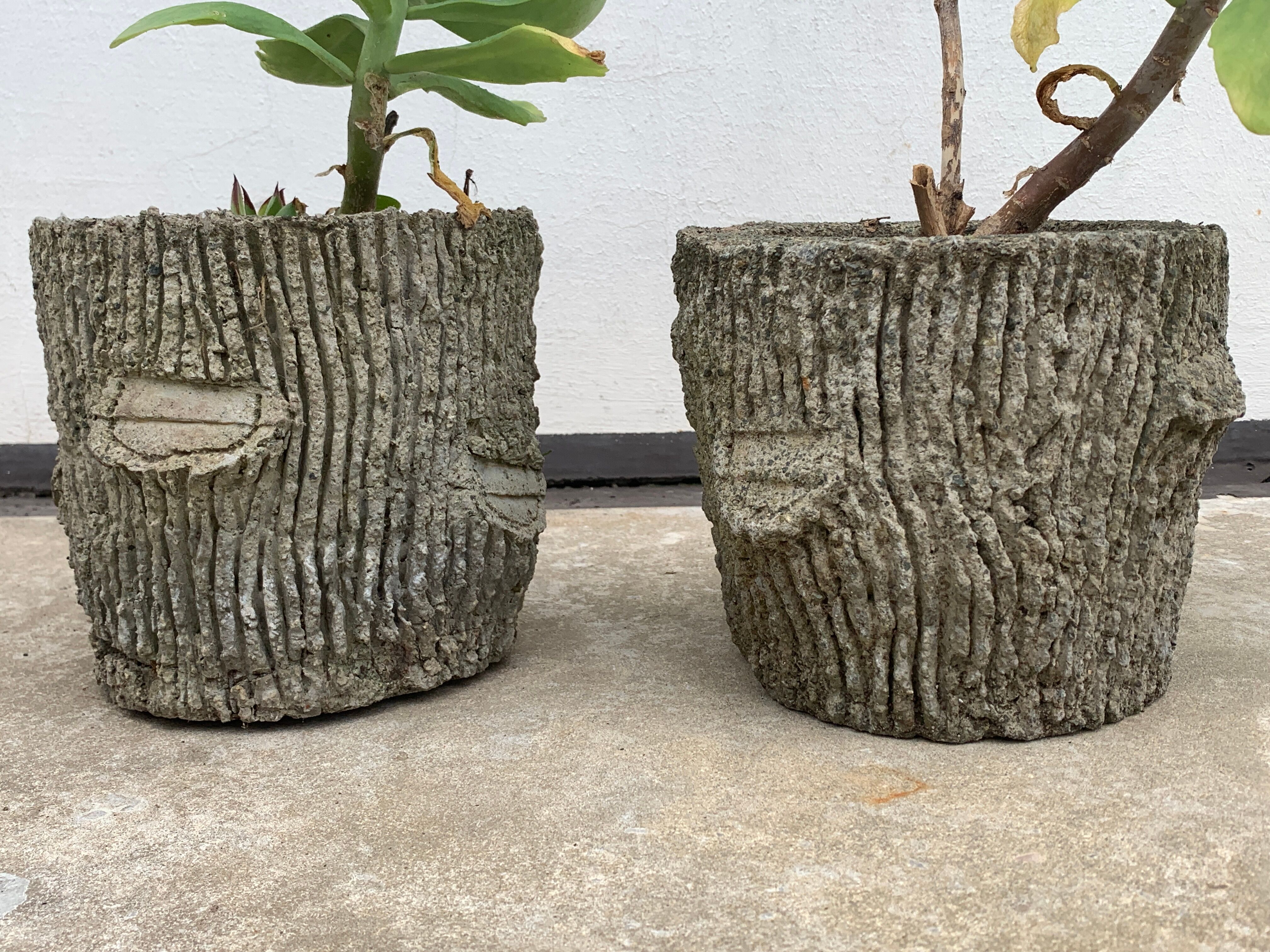 Two cement planters imitation tree trunks
