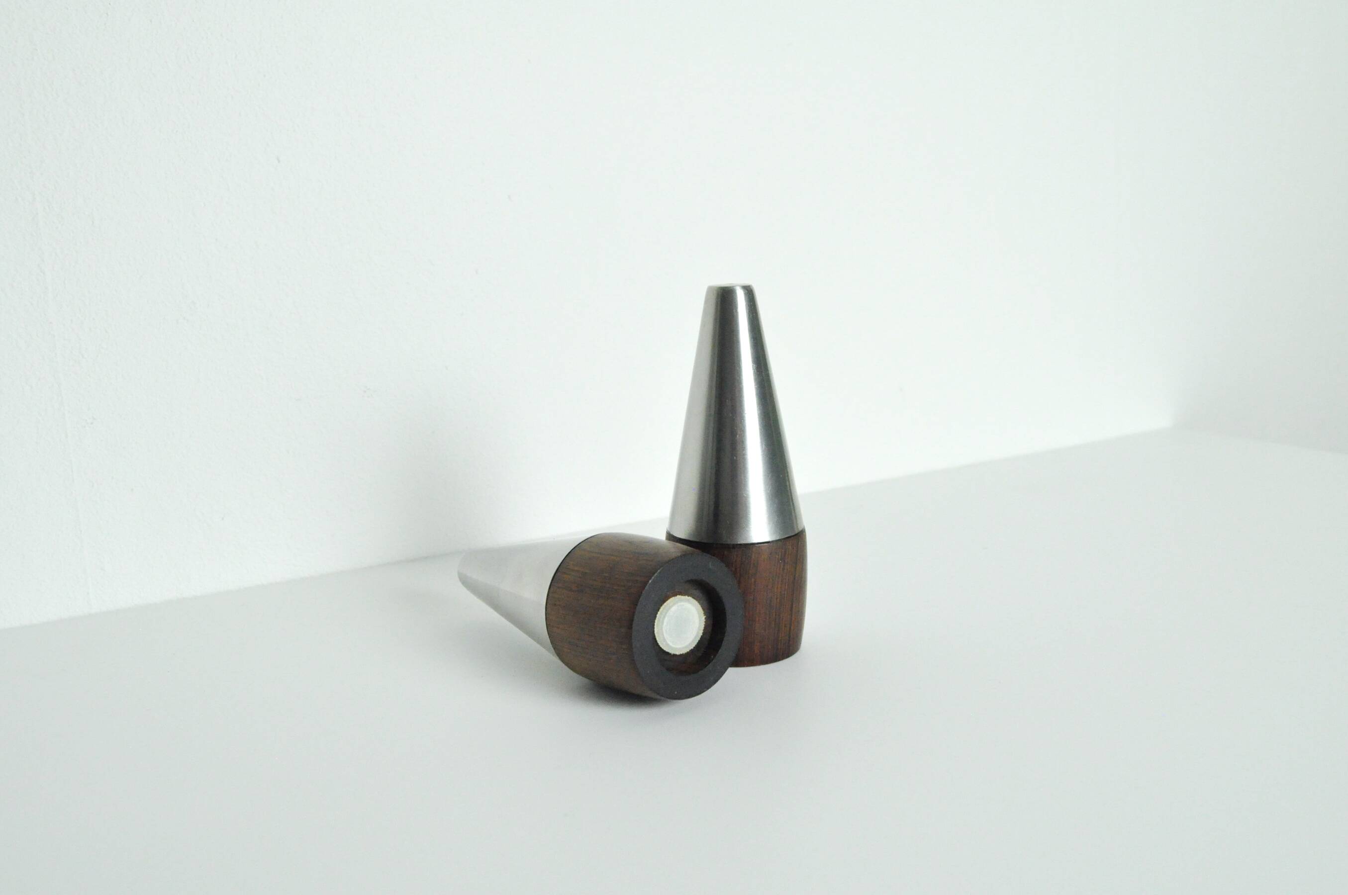 Danish Modern Pair of Rosewood and Stainless Steel Salt and Pepper Shakers
