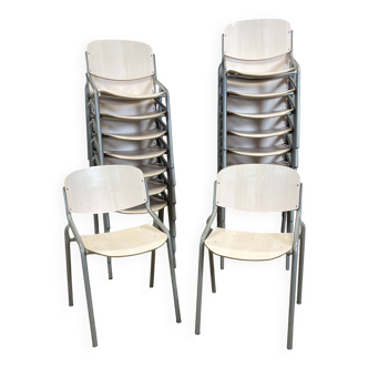 Lot de 17 chaises école Eromes bois clair acier gris Pays Bas années 80