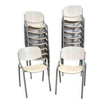 Lot de 17 chaises école Eromes bois clair acier gris Pays Bas années 80
