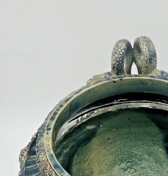 Large footed bowl in green and blue glazed ceramic