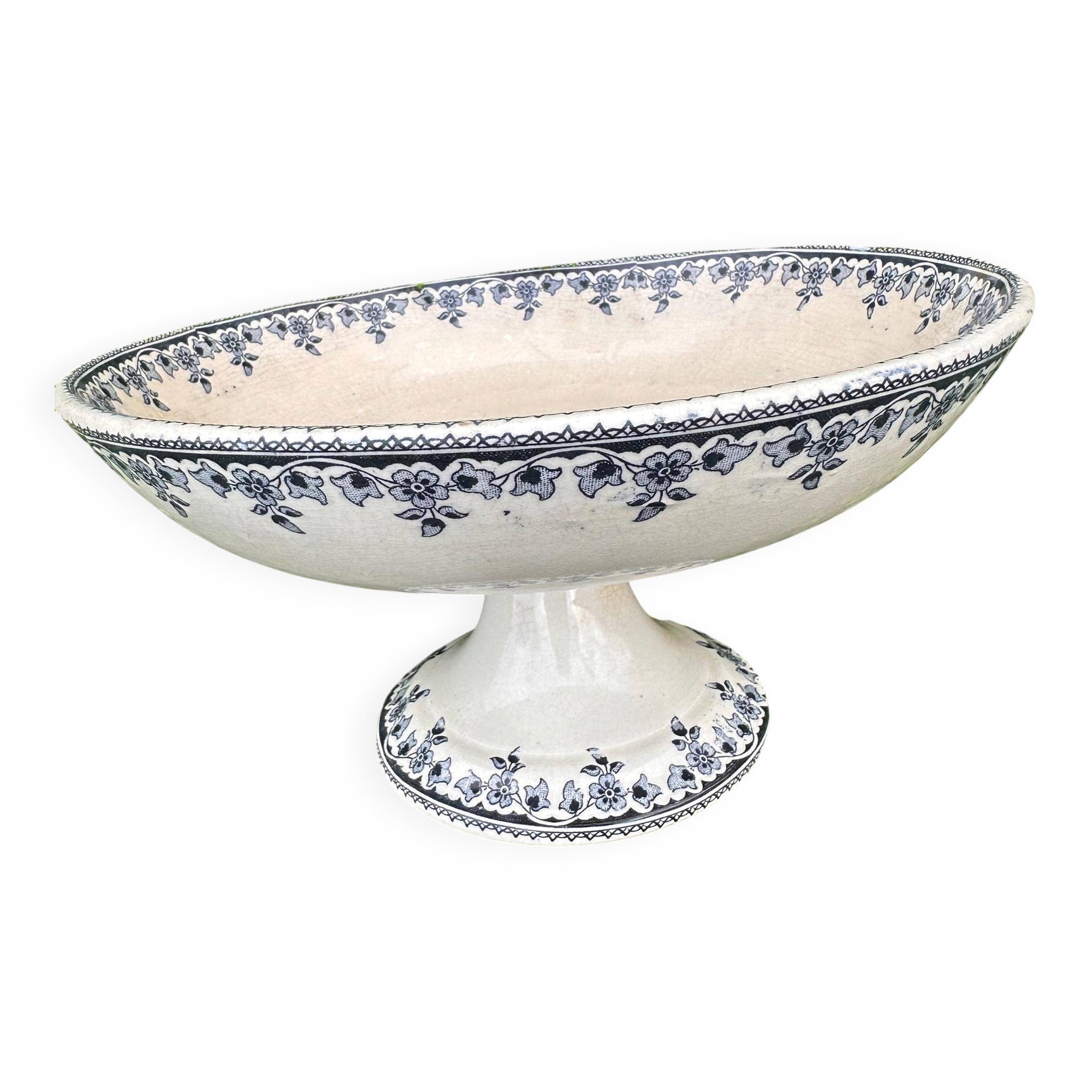 Compotier ancien en faïence Terre de Fer - Décor floral bleu