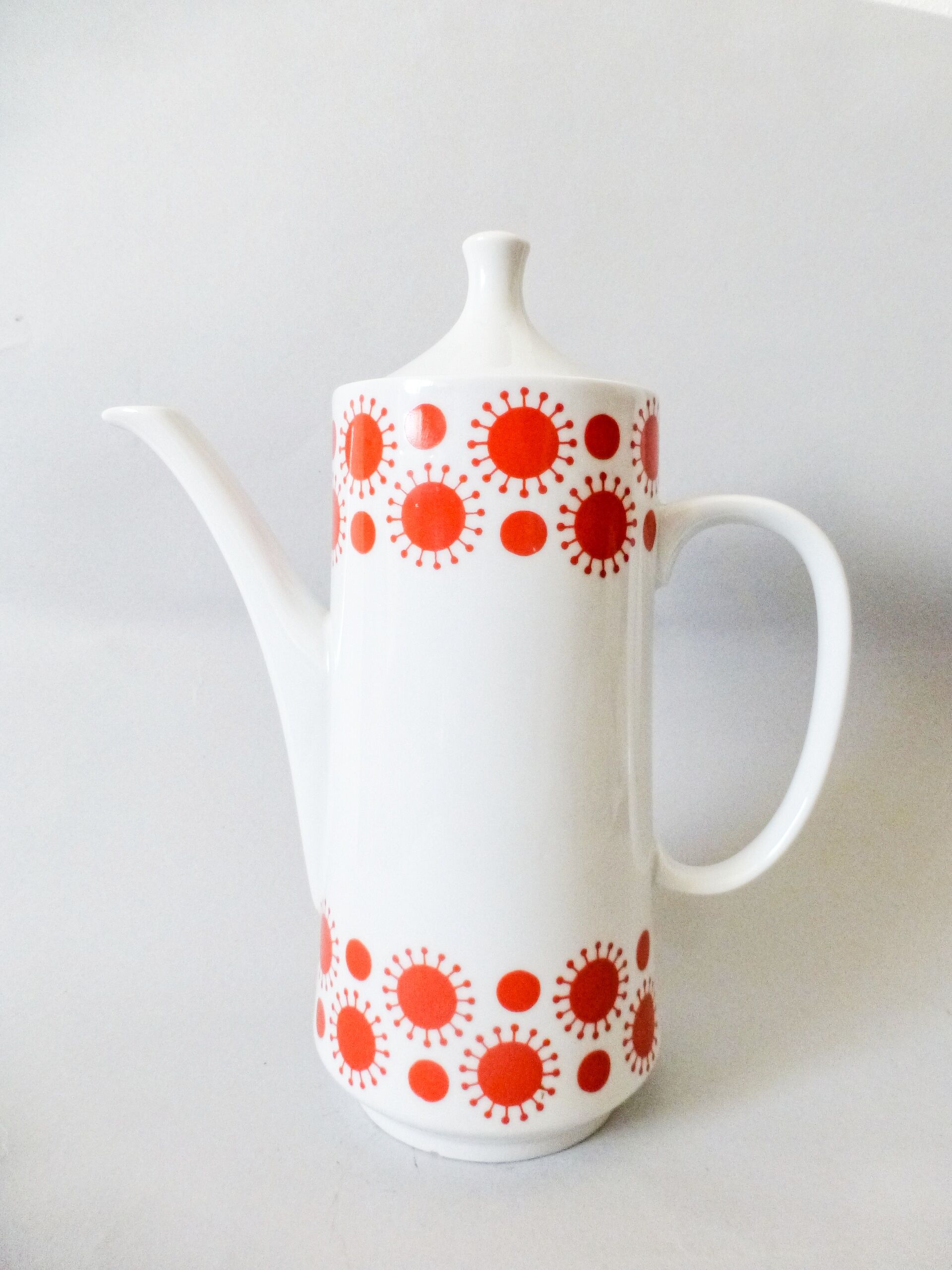 Vintage  Porcelain Coffee Pot: 1970s Red Sunny Pattern