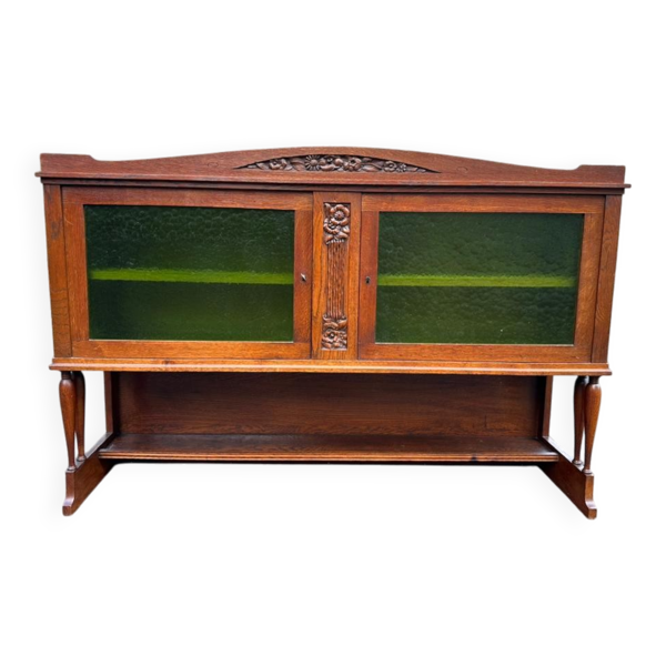 Buffet art déco en chêne massif et verre givré vert 1940
