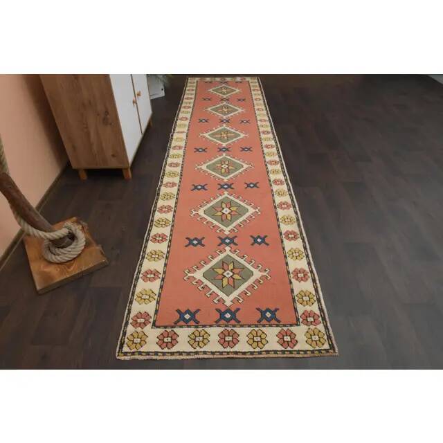1970s Vintage Turkish Oushak Handmade Orange Runner Rug  91x361