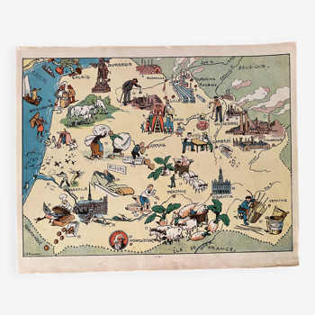 Affiche ancienne carte illustrée de la Flandre Artois Picardie 1939 - JP Pinchon