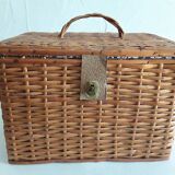 Vintage rattan suitcase trunk basket with lid