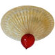 Lively gold-grid graniglia and red murano glass flush mount