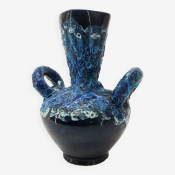 Fat lava blue ceramic vase Zandrini Vallauris 1960