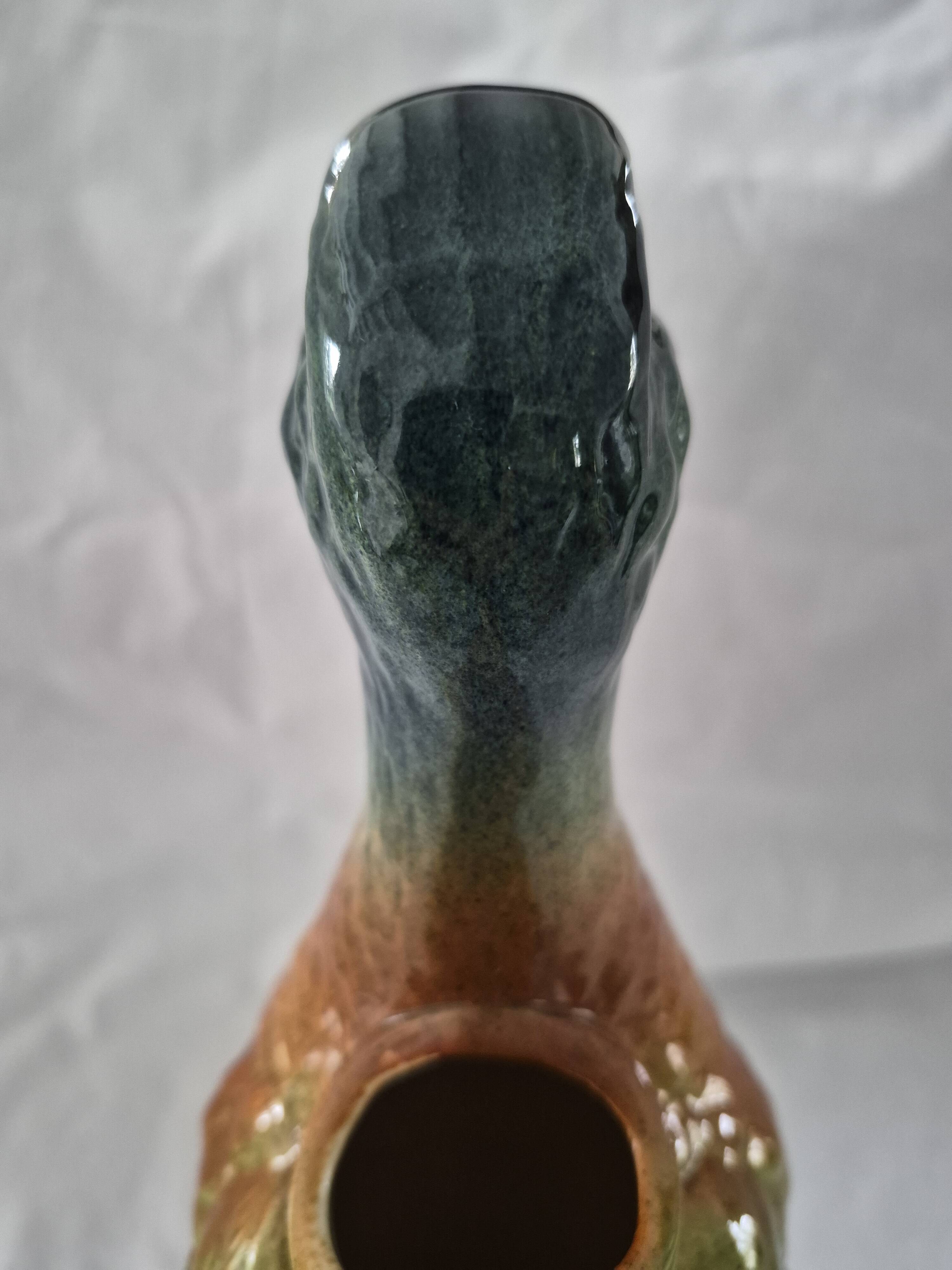 Old barbotine jug Saint Clément Mallard Duck A027